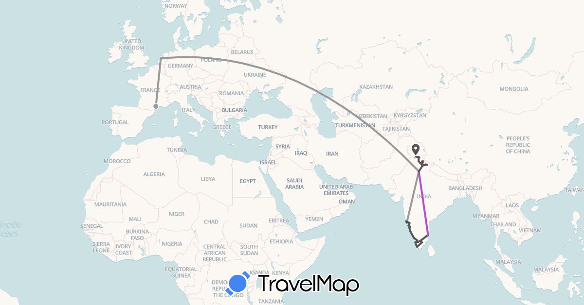 TravelMap itinerary: driving, plane, train, hiking, motorbike in France, India, Netherlands (Asia, Europe)
